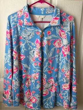 Lilly Pulitzer Sky-Blue Floral Half-Zip Pullover with Hot Pink Accents
